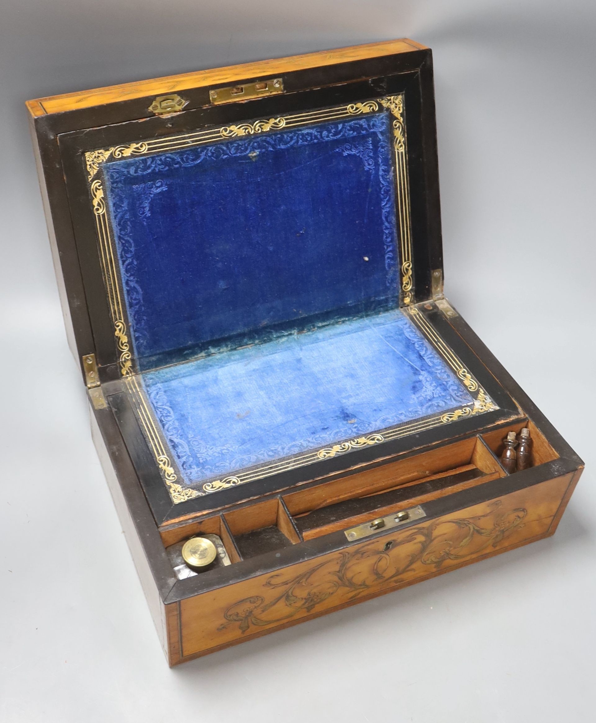 An early Victorian floral marquetry and satinwood writing slope, 35cm